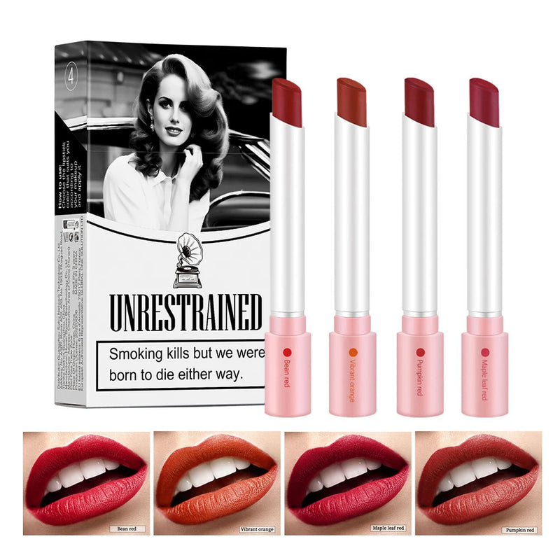 Kit com 4 Gloss Labiais em Formato de Cigarro – Acabamento Matte Aveludado, À Prova d’Água, Longa Duração e Não Transfere