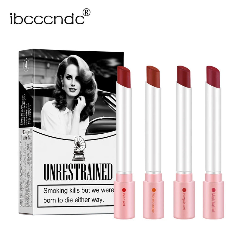Kit com 4 Gloss Labiais em Formato de Cigarro – Acabamento Matte Aveludado, À Prova d’Água, Longa Duração e Não Transfere