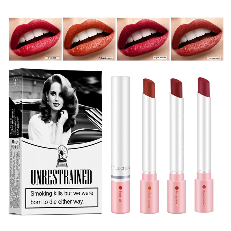 Kit com 4 Gloss Labiais em Formato de Cigarro – Acabamento Matte Aveludado, À Prova d’Água, Longa Duração e Não Transfere
