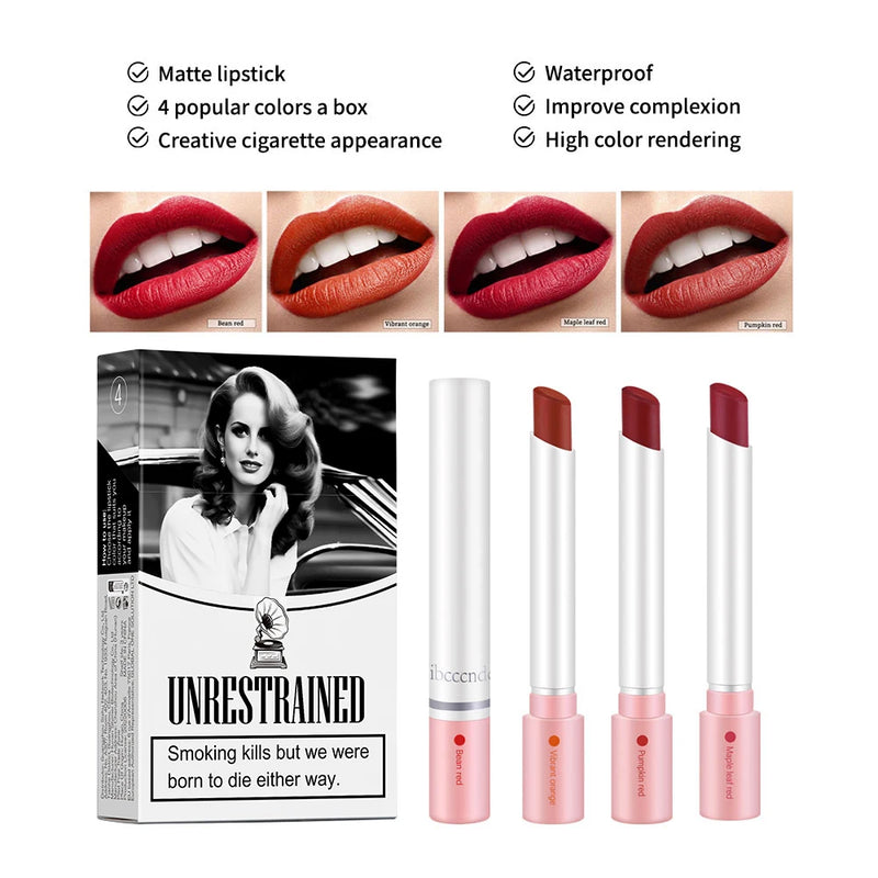 Kit com 4 Gloss Labiais em Formato de Cigarro – Acabamento Matte Aveludado, À Prova d’Água, Longa Duração e Não Transfere